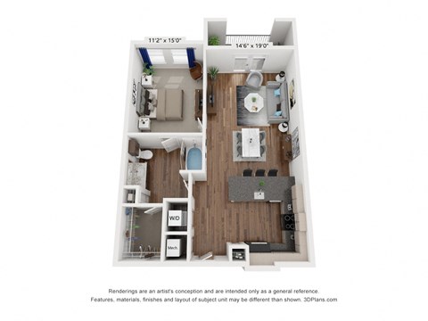 Floor plan for 1 bed, 1 bath, 896 sqft
